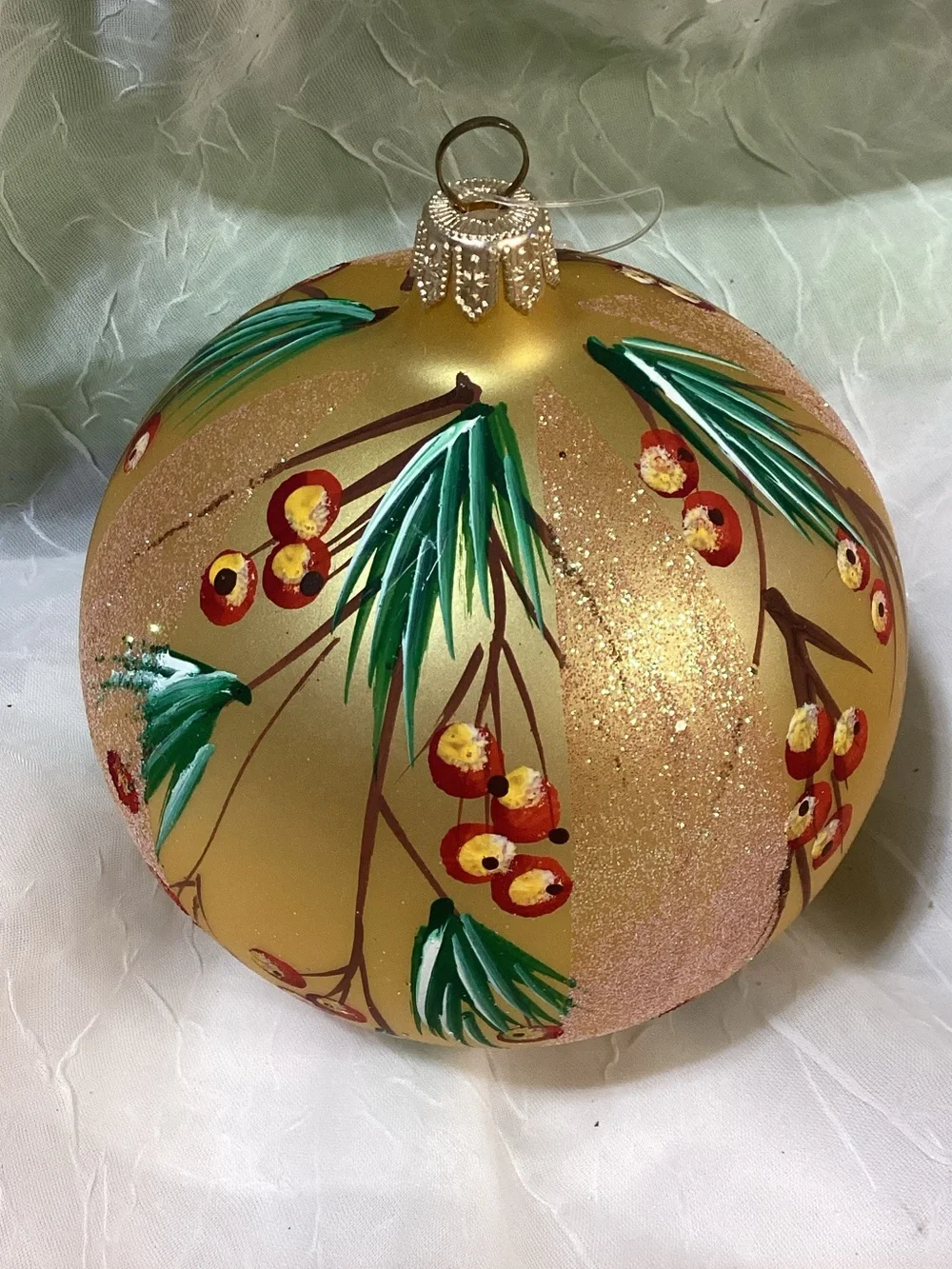 Hand-Painted Gold Glitter Holiday Pine Tree Themed Ornament Set Larger Size